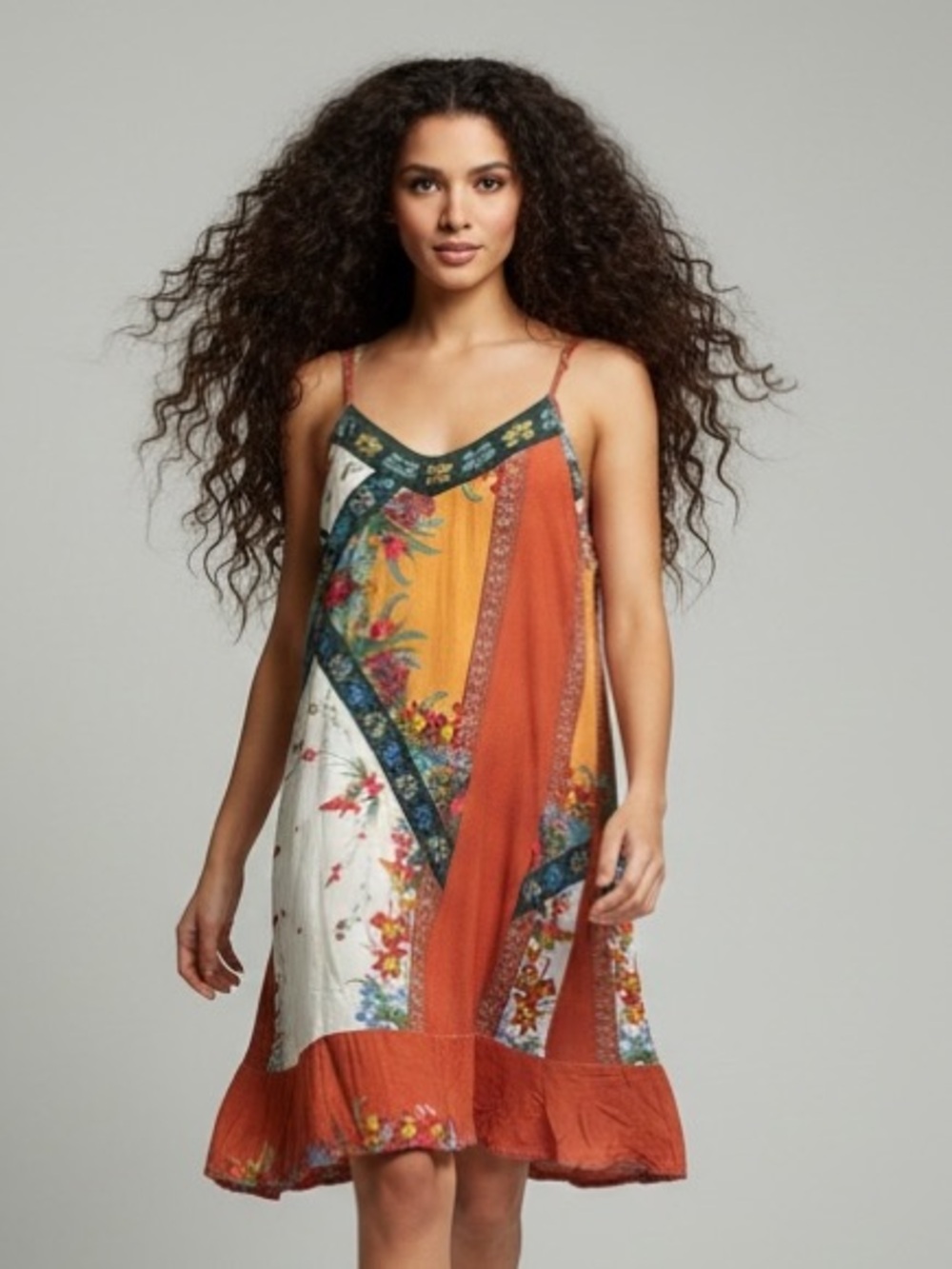California Moonrise Boho Patchwork Floral Rayon Dress - Size M